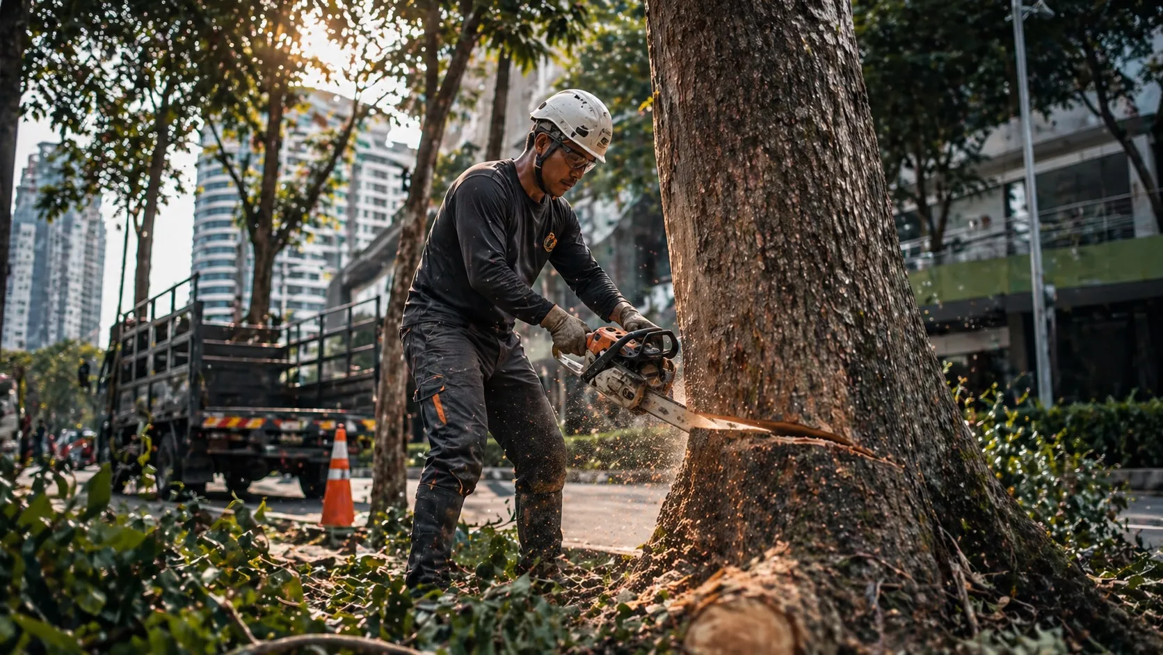 Pekerja tebang pokok dengan peralatan keselamatan lengkap