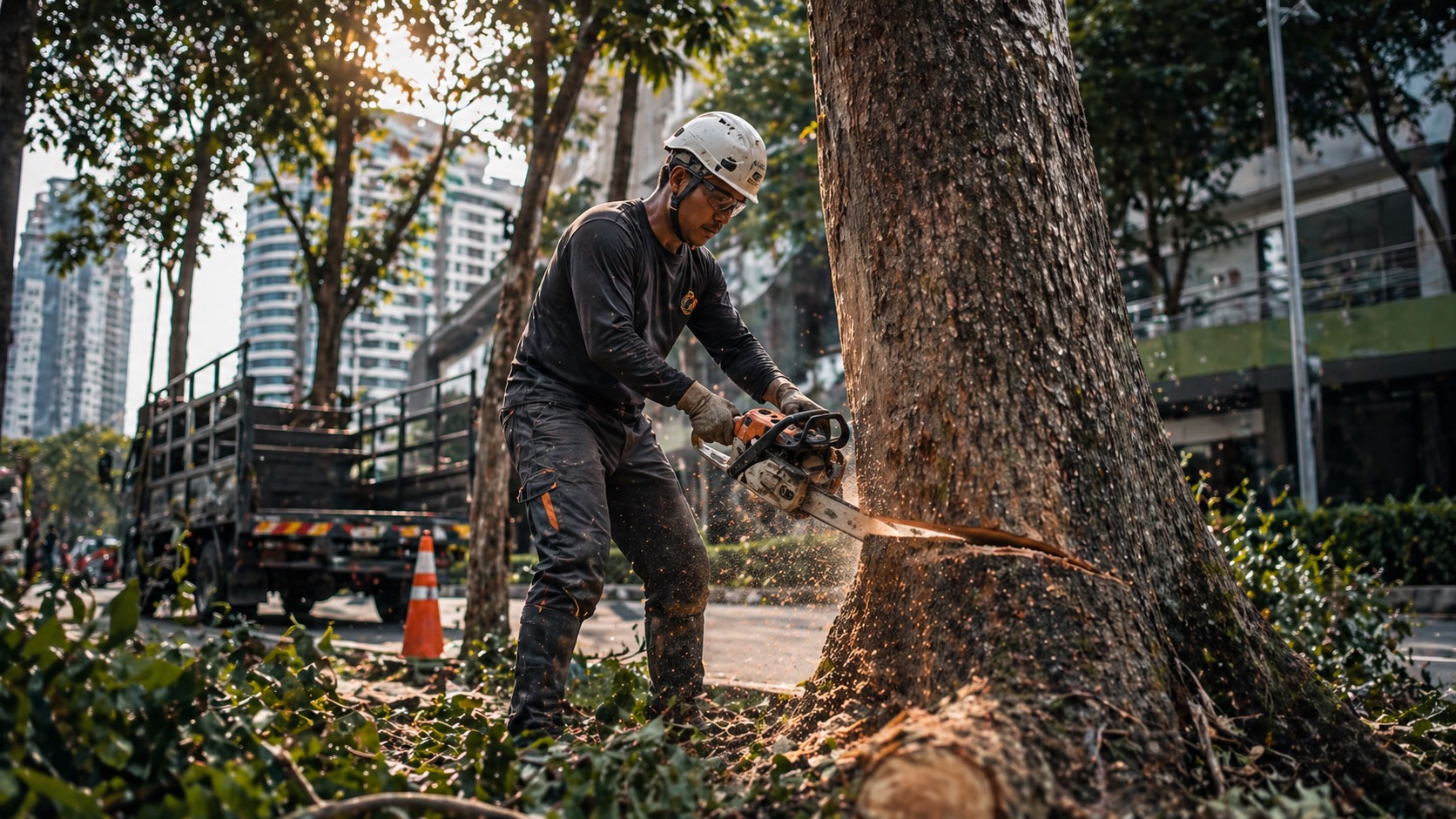 Pekerja tebang pokok dengan peralatan keselamatan lengkap